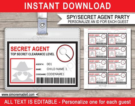 Spy birthday party badge secret agent badge printable id