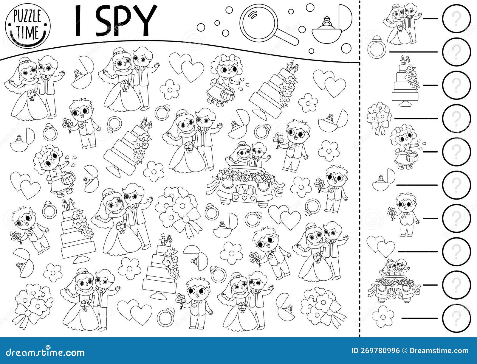 Wedding black and white i spy game for kids searching and counting activity or coloring page stock vector