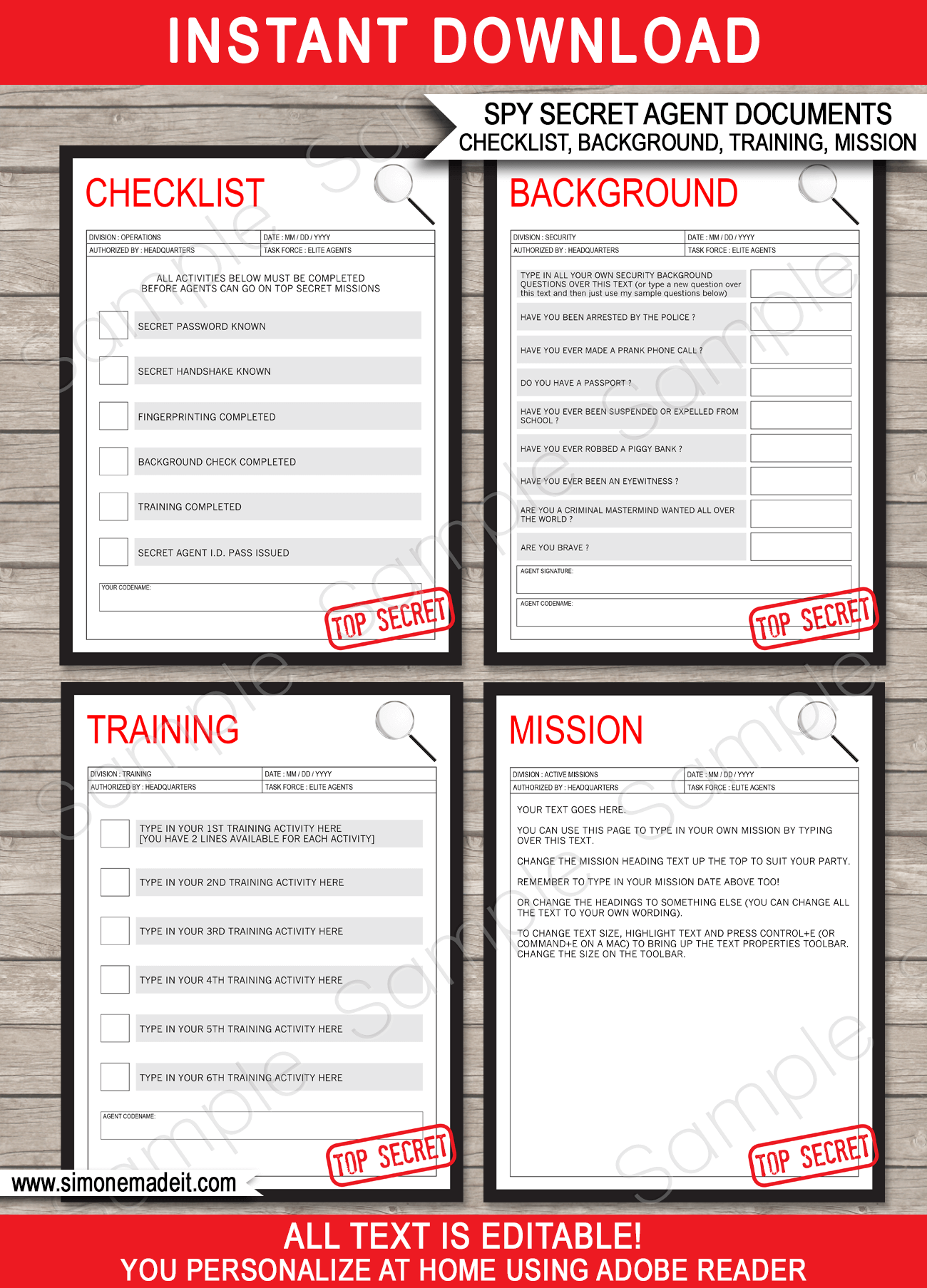 Spy party mission activities checklist template printable secret agent birthday party games