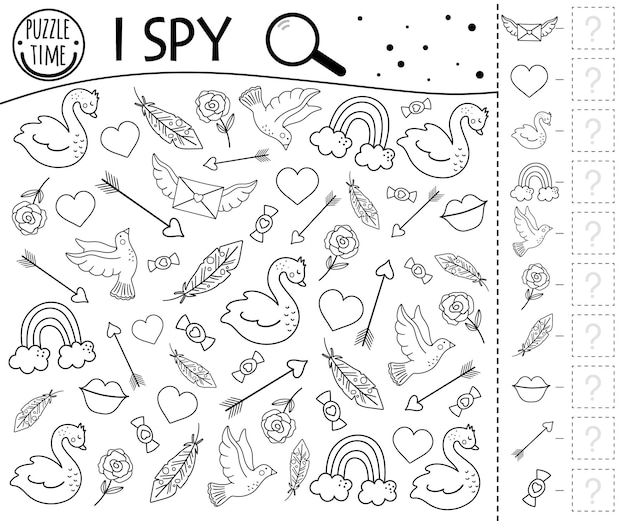 Premium vector saint valentine day black and white i spy game for kids searching and counting activity for preschool children or holiday coloring page funny party printable worksheet with love theme