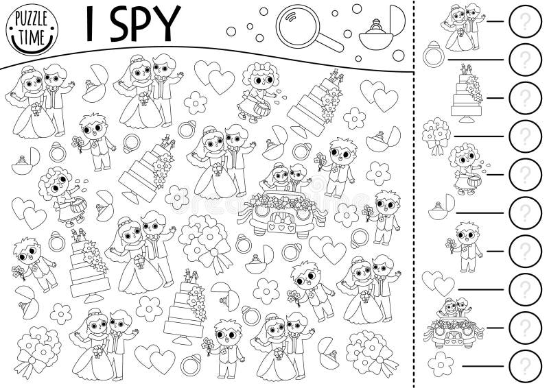 Wedding black and white i spy game for kids searching and counting activity or coloring page stock vector