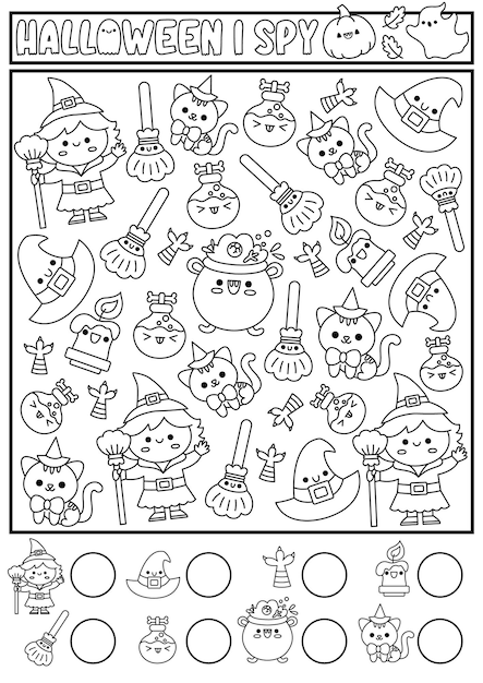 Premium vector halloween black and white i spy game for kids searching and counting line activity with cute kawaii witch scary autumn printable worksheet for preschool children simple coloring page