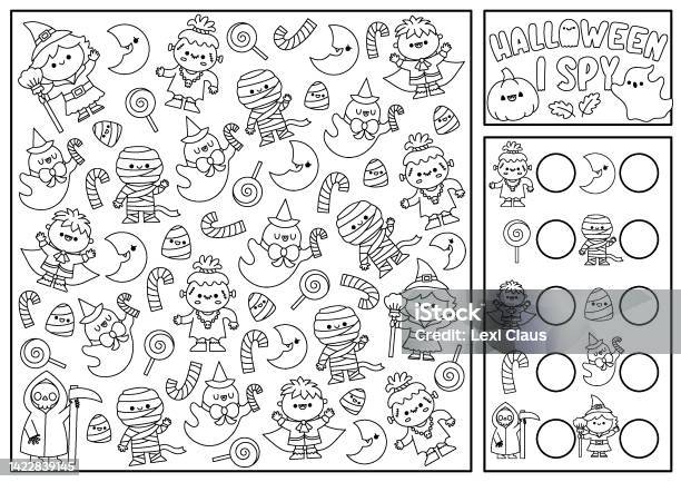 Spring or summer black and white i spy game for kids searching and counting activity with cute kawaii chick bee garden printable worksheet coloring page simple spotting puzzle with first flowers stock