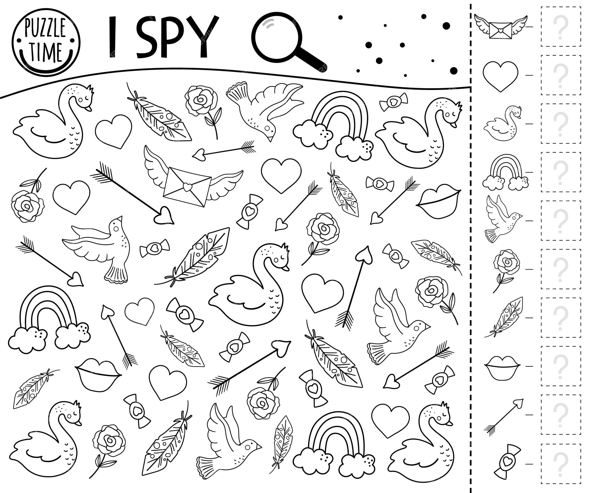 Premium vector saint valentine day black and white i spy game for kids searching and counting activity for preschool children or holiday coloring page funny party printable worksheet with love theme