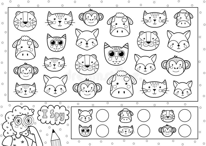 I spy game coloring page for kids find and count cute animals stock vector