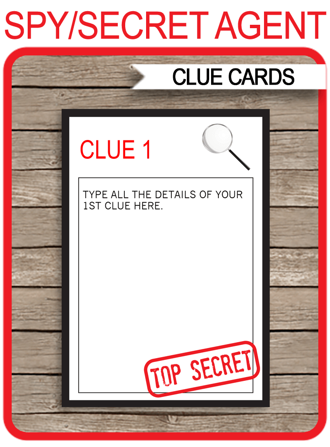 Spy treasure hunt clue cards template spy secret agent birthday party