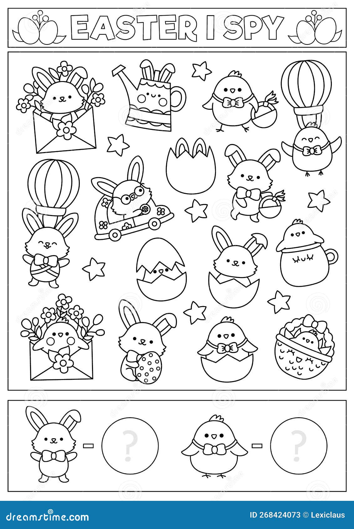 Easter black and white i spy game for kids searching and counting activity with cute kawaii holiday symbols stock vector