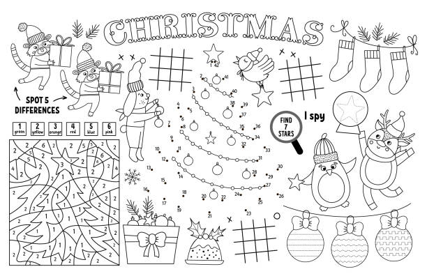 Vector christmas placemat for kids winter holiday printable activity mat with maze tic tac toe charts connect the dots find difference black and white new year play mat or coloring page stock