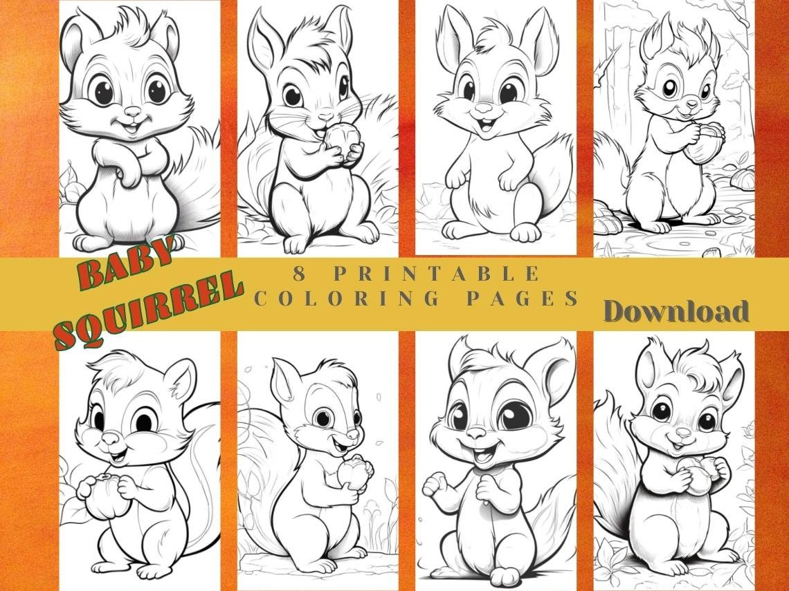 Cute baby squirrel printable set of coloring pages for adults and kids instant digital download jpg and pdf files