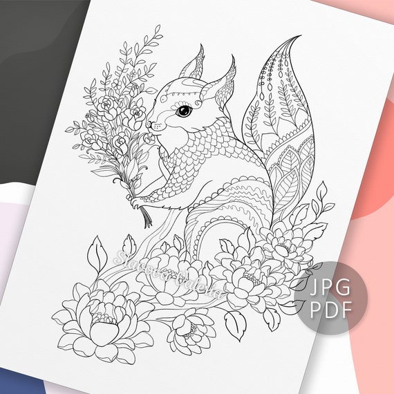 Squirrel with wildflowers printable coloring page adult coloring book pages by valeria slavova