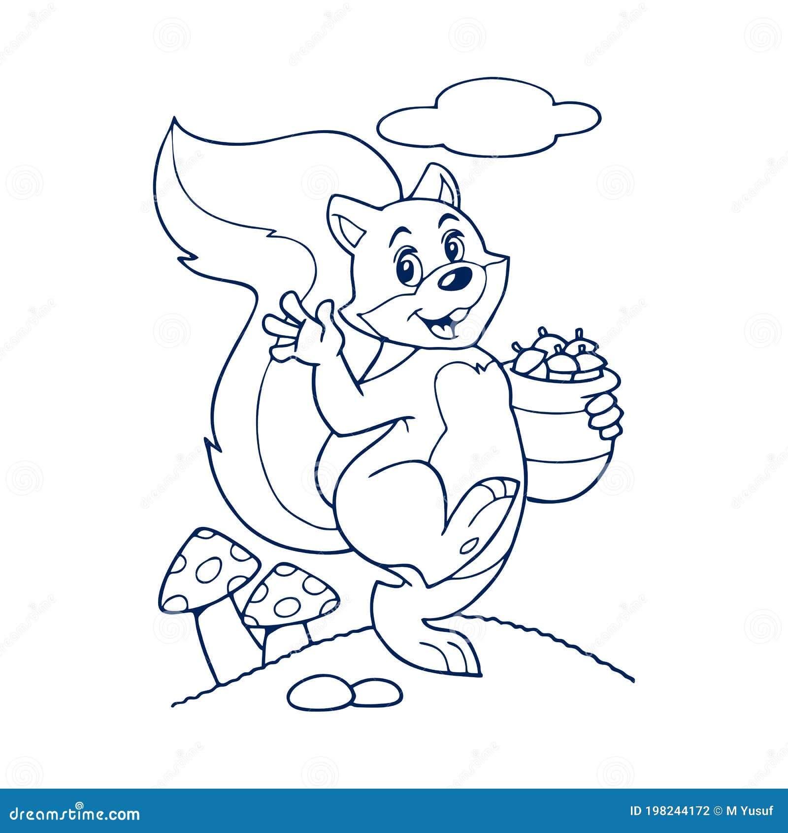 Printable coloring page outline of cute cartoon squirrel climbing on tree near the hollow stock vector