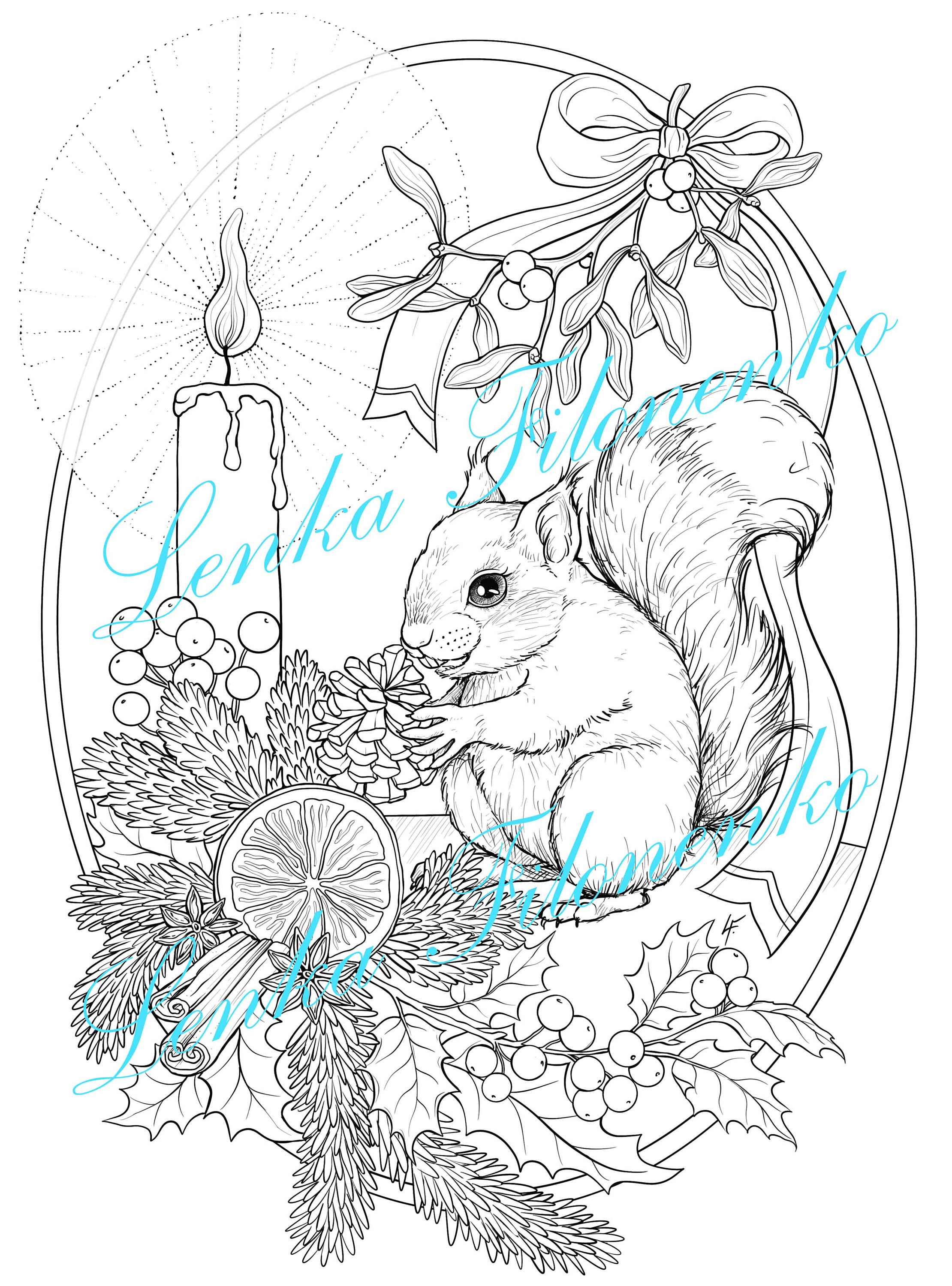 Coloring page for adults christmas squirrel line art pdf download and print