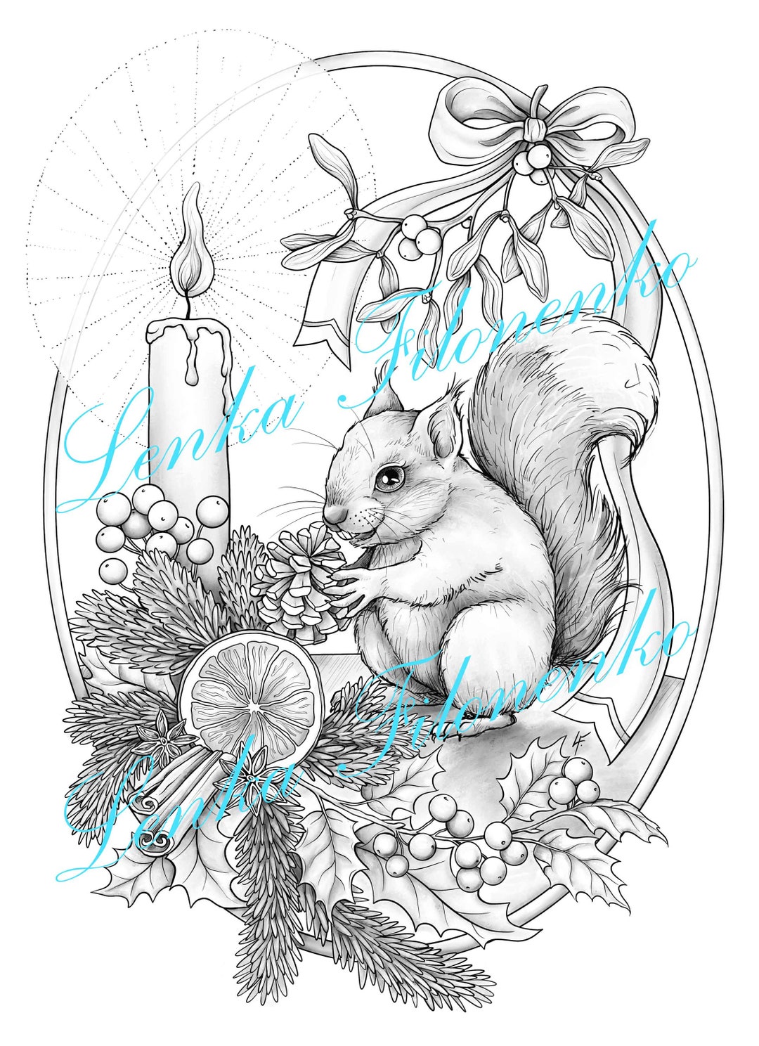 Coloring page for adults christmas squirrel grey scale pdf download and print