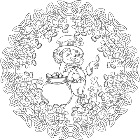 St patricks day mandala with celrtic knot shamrock leprechaun and pot of gold coloring page free printable coloring pages