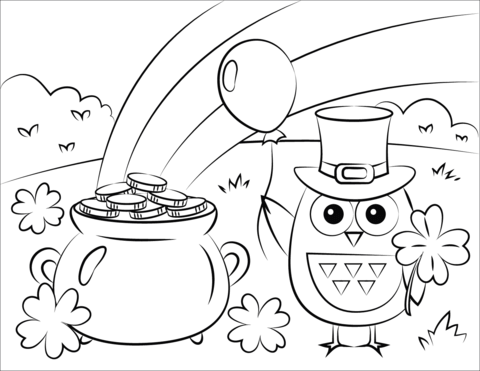 Pot of gold rainbow and st patricks day owl coloring page free printable coloring pages