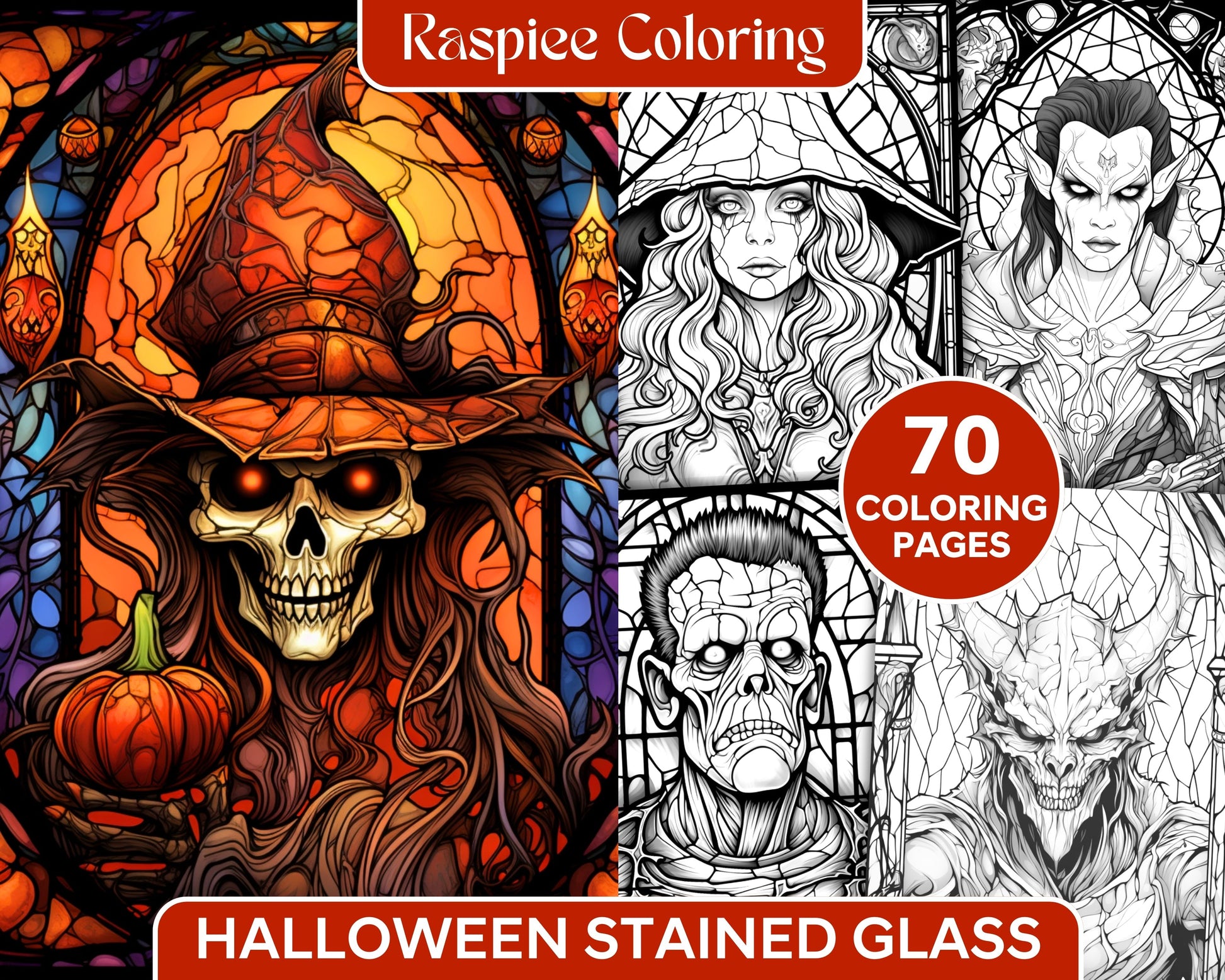 Halloween stained glass grayscale coloring pages printable for adul â coloring