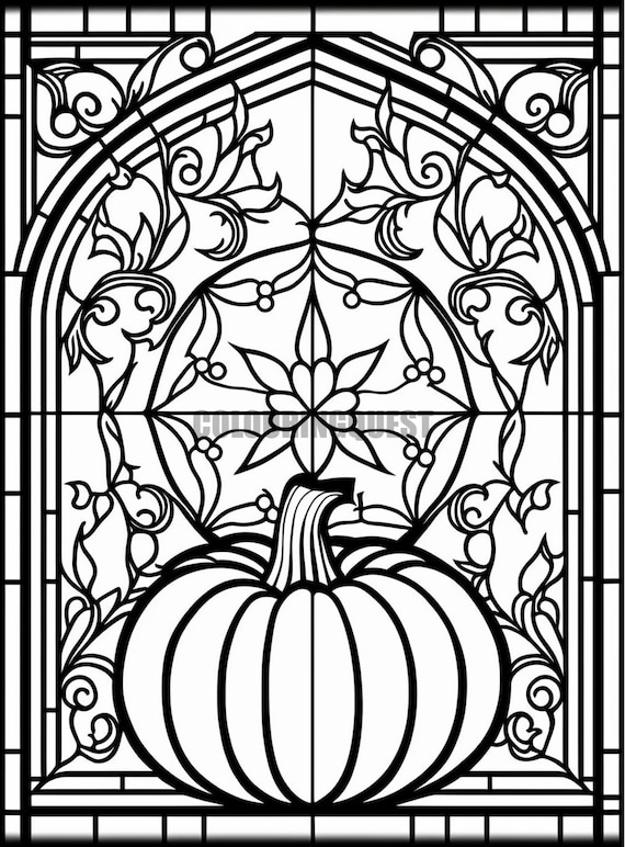 Pumpkin stained glass printable adult coloring page from colouringquest coloring book pages for adults coloring pictures for kids