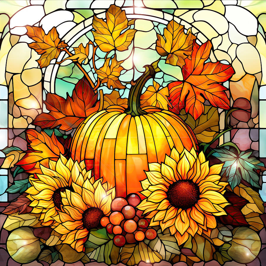 Stained glass pumpkin and sunflowers painting by kimberly potts