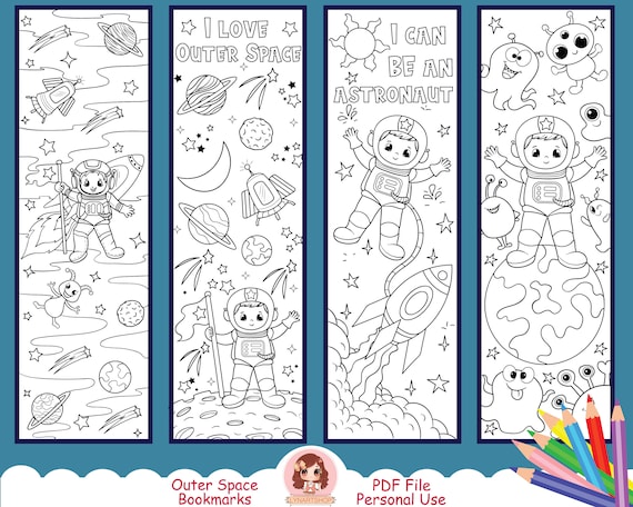 Printable coloring bookmarks outer space coloring page for kids astronaut stars monsters galaxy spaceship activity sheets pdf