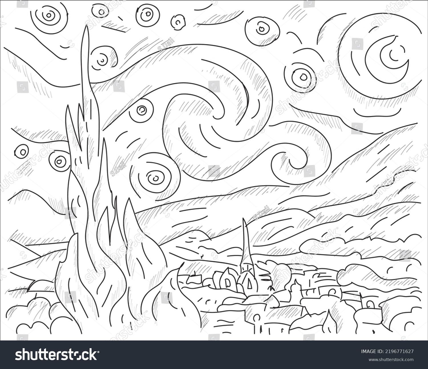 Coloring page starry night based on stock vector royalty free