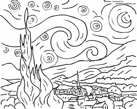 Starry night by vincent van gogh coloring page free printable coloring pages
