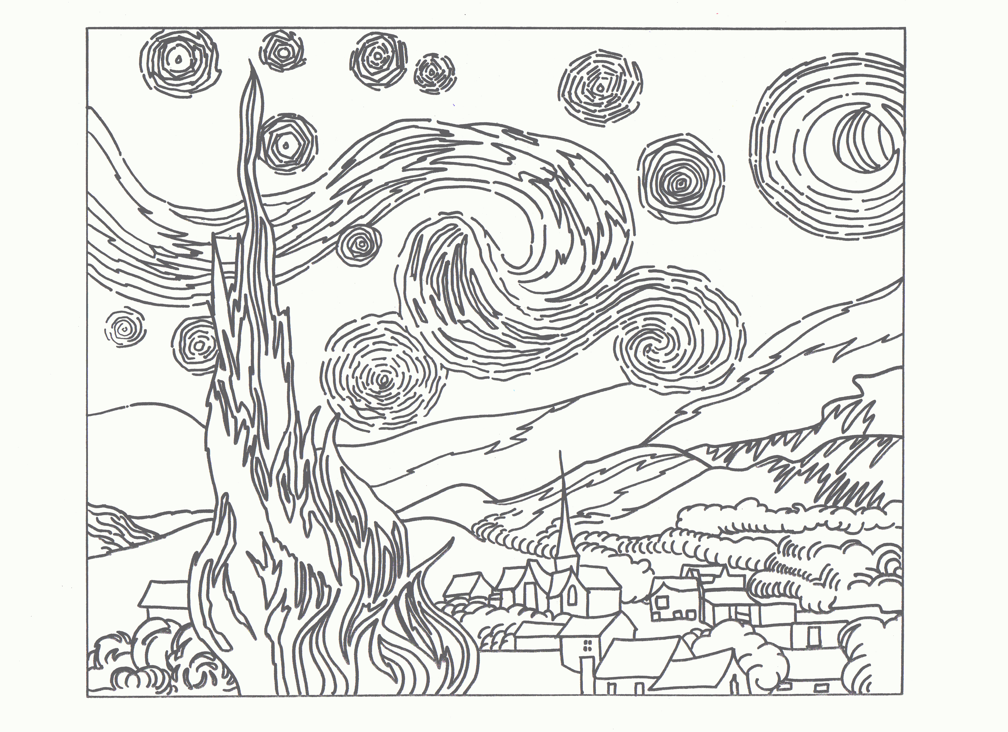 Coloring page starry night van gogh