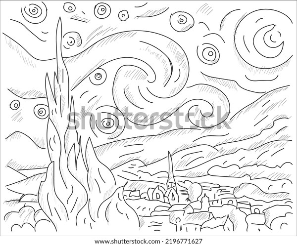 Coloring page starry night based on stock vector royalty free