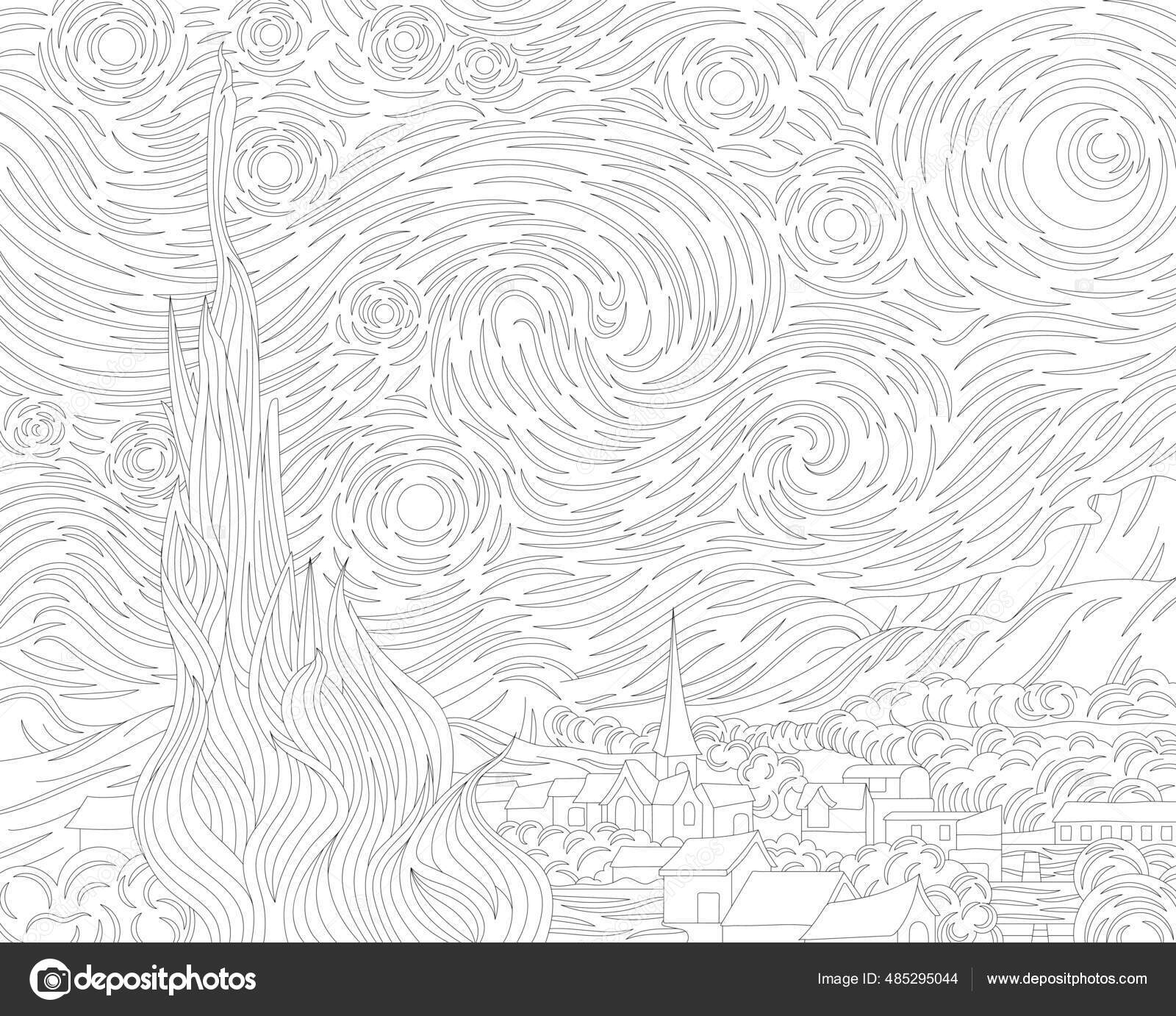 Starry night vincent van gogh adult coloring page stock photo by rawpixel