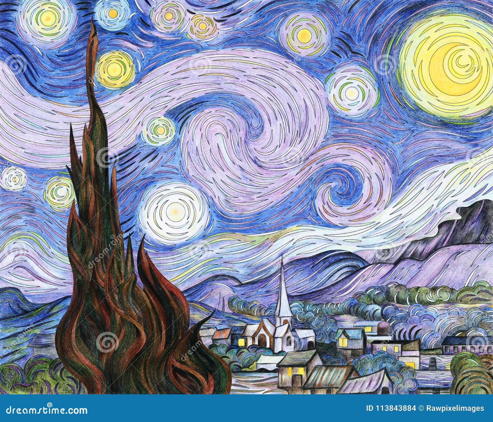 Van goghs the starry night adult coloring page stock illustration