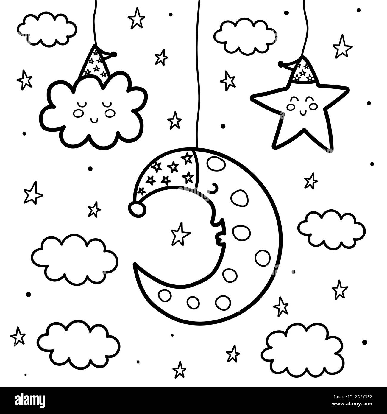 Sleeping moon and star at night coloring page sweet dreams black and white card stock vector image art