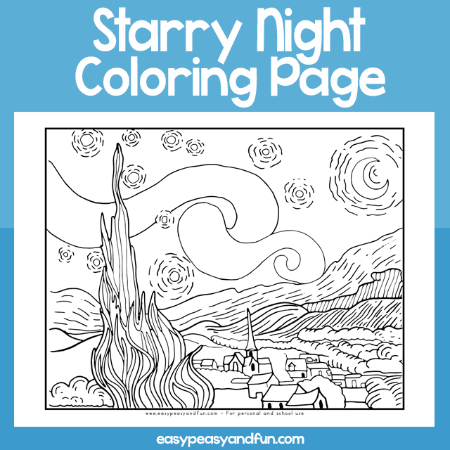 Starry night coloring page â easy peasy and fun hip