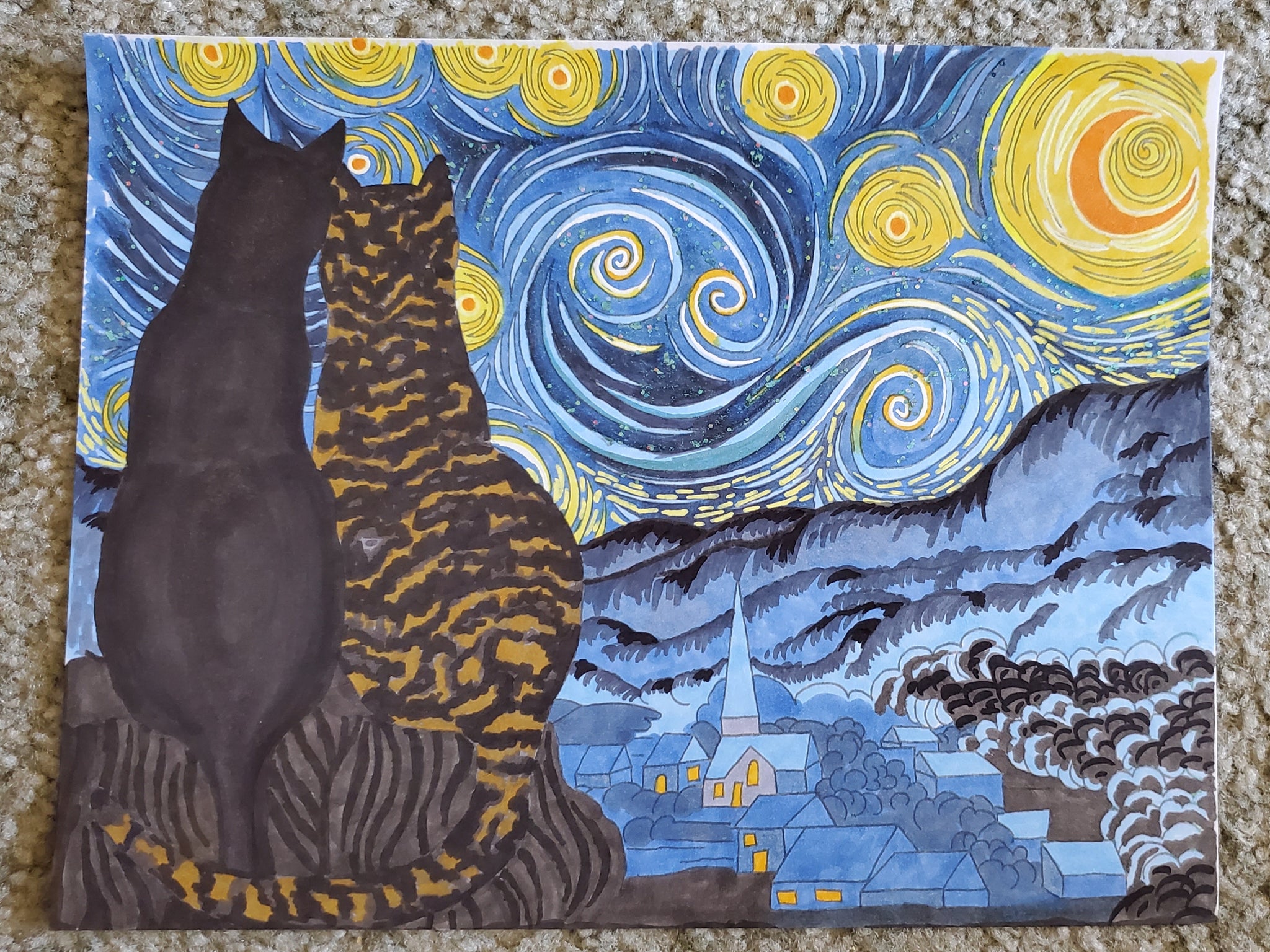 Starry kitties parody of starry night printable adult coloring page â dark whimsical art