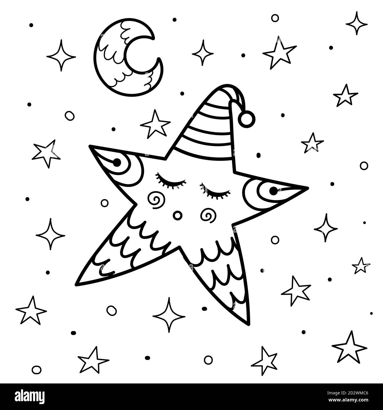 Cute sleeping star coloring page good night background for coloring book stock vector image art