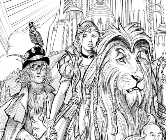 Coloring pages adult coloring steampunk coloring page wizard of oz steampunk fantasy coloring printable downloadable grayscale