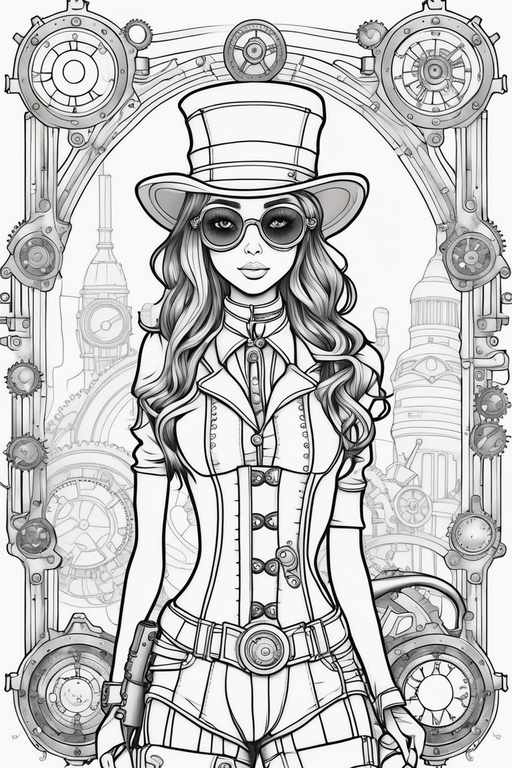 Beautiful gorgeous steampunk girl near air ship adult coloring book page with ultra high detailed