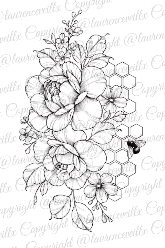 Instant download tattoo design peonies and honeyb tattoo printable stencil template