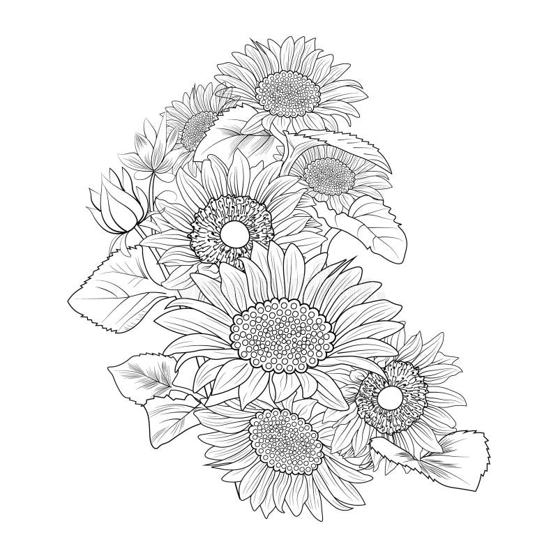 A beautiful monochrome black and white bouquet of sunflowers isolated on white hand