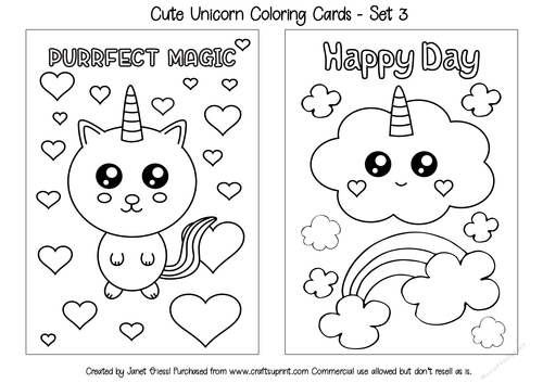 Cute unicorn coloring cards