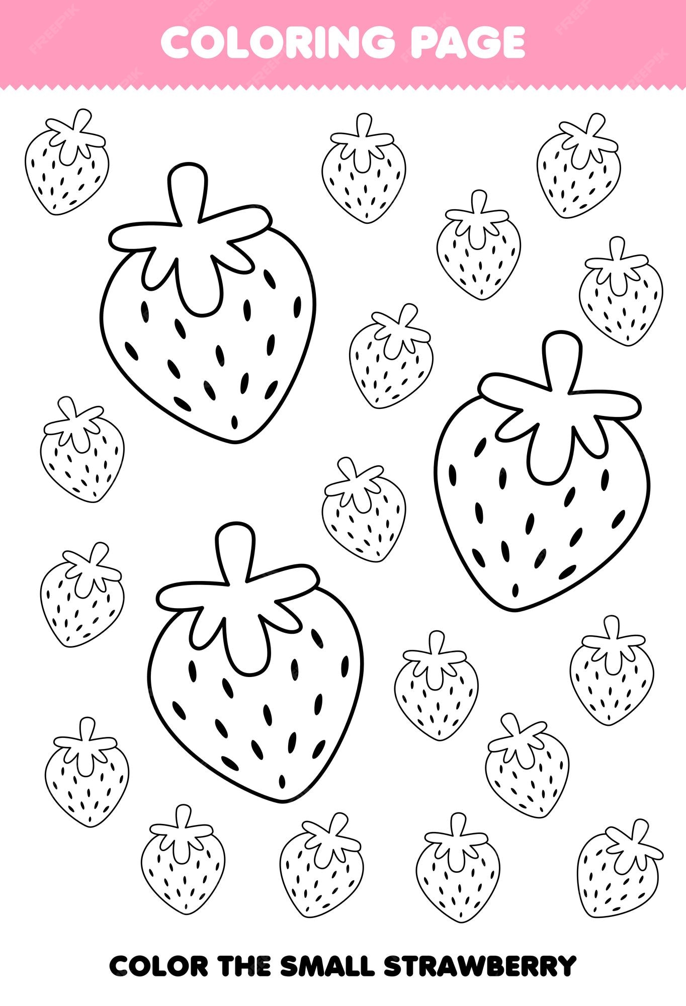 Premium vector education game for children coloring page big or small picture of cute cartoon strawberry fruit line art printable worksheet