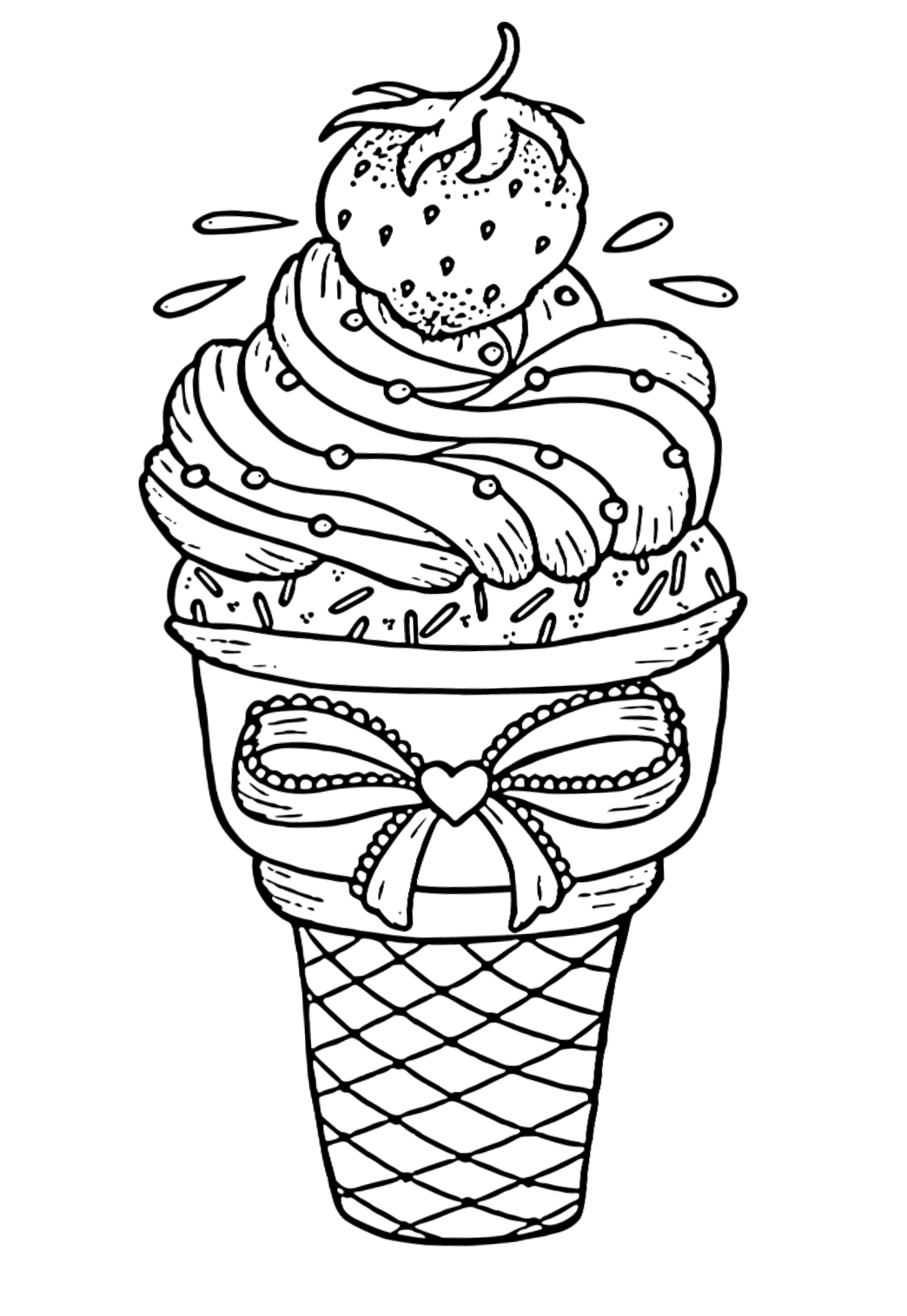 Free printable ice cream strawberry coloring page for adults and kids