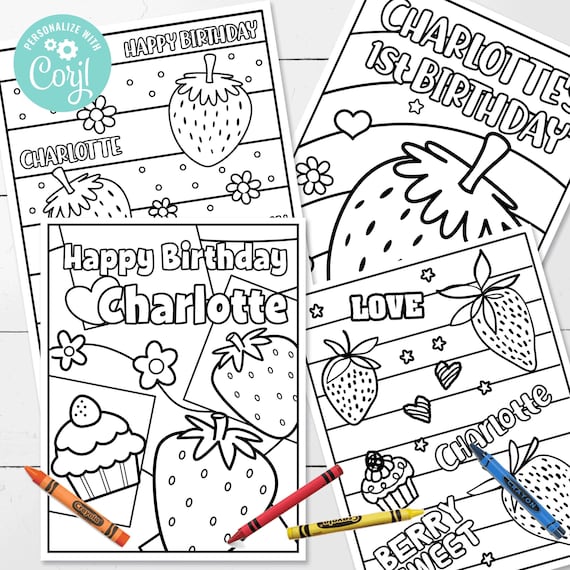 Editable strawberry coloring pages designs x birthday activity strawberry berry sweet corjl instant download instant download