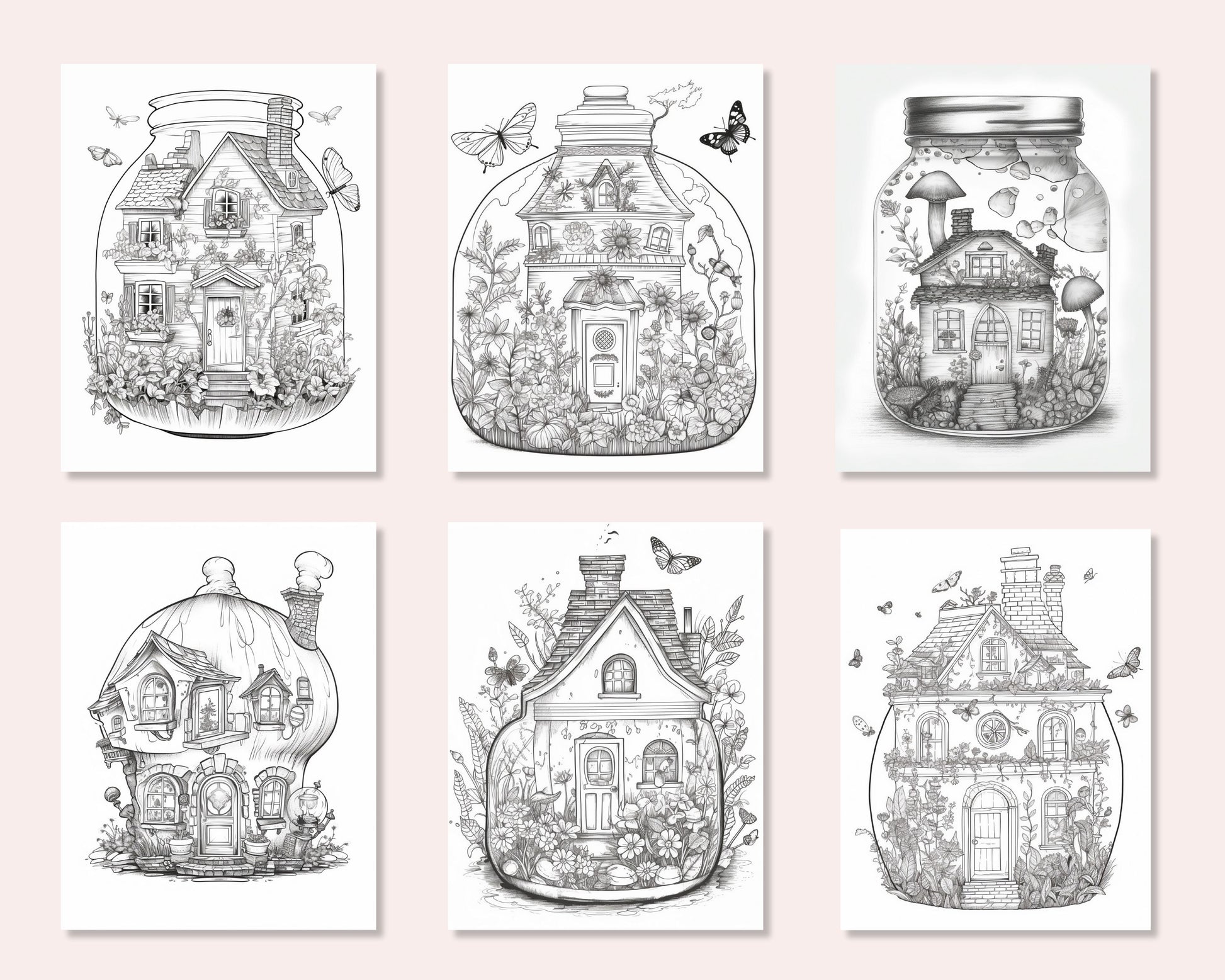 Printable fairy houses in jar coloring pages for adults grayscale â coloring