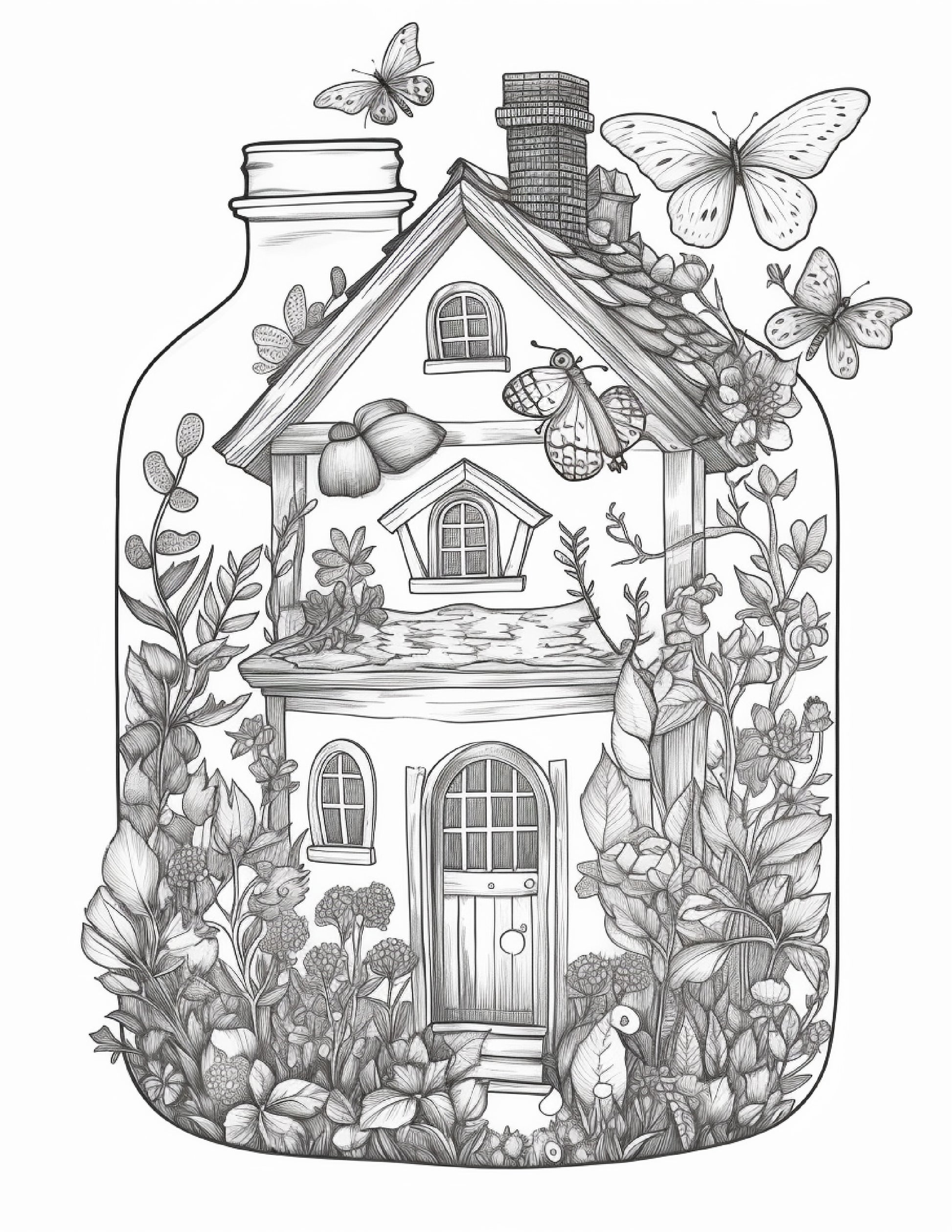 Printable fairy houses in jar coloring pages for adults grayscale â coloring