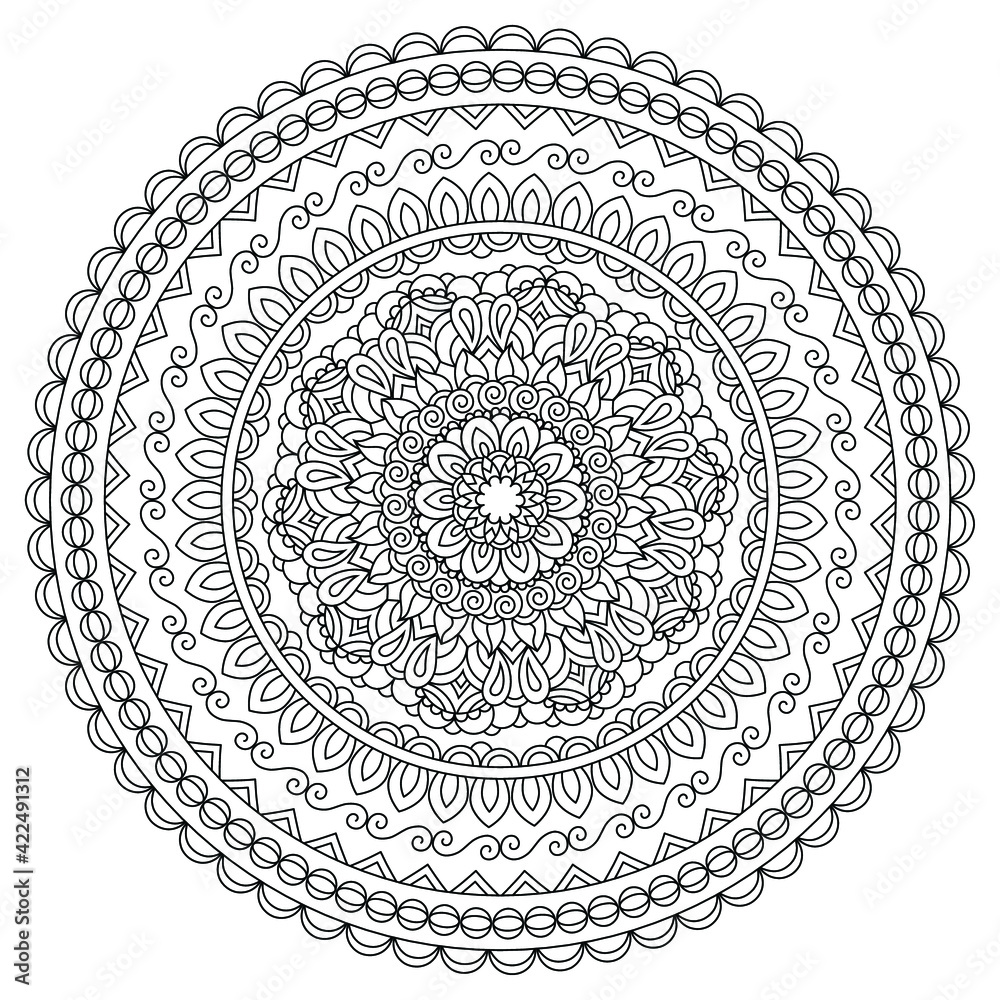 Zentangle inspired oriental mandala coloring page coloring book illustration for stress relief and relaxation vector