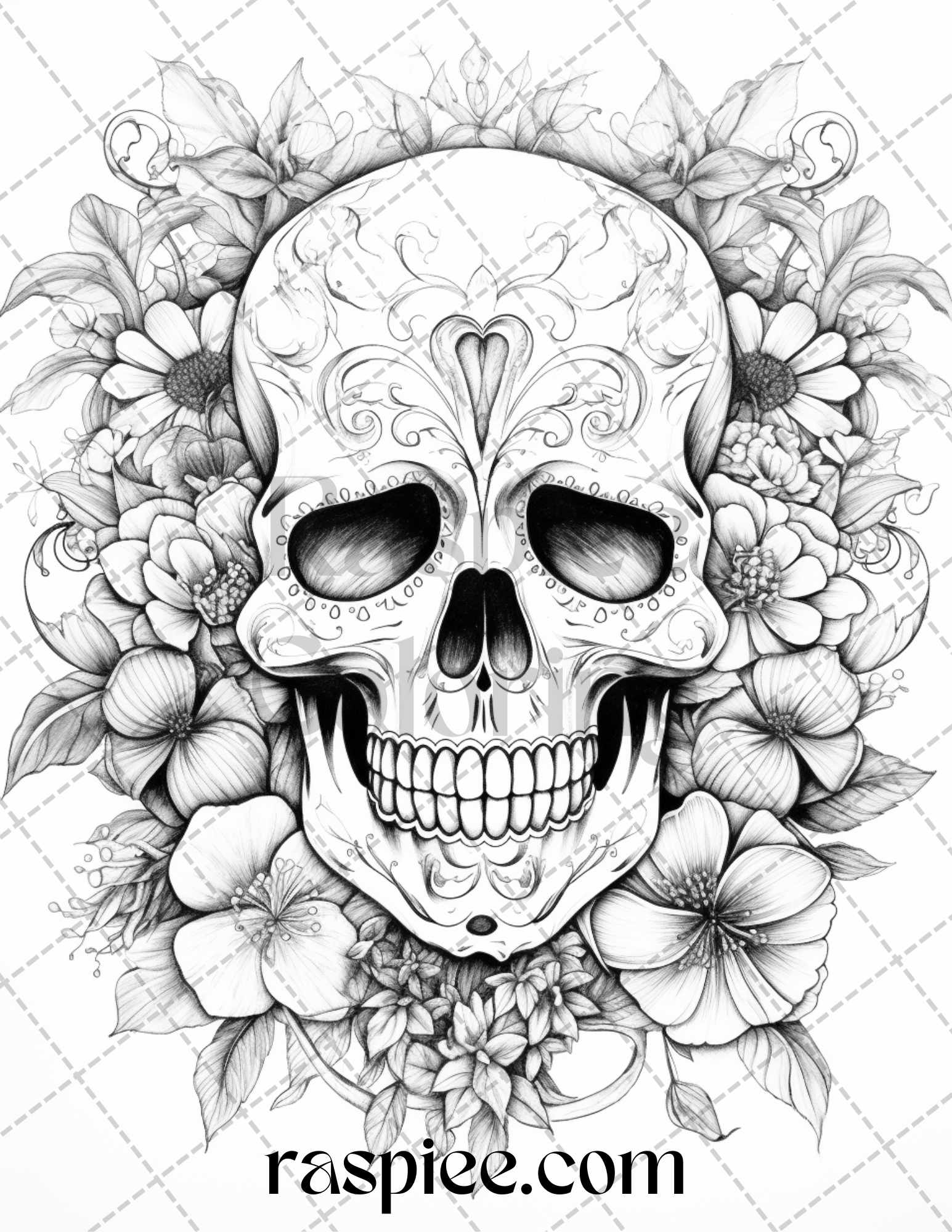 Floral skull grayscale coloring pages for adults stress relief col â coloring