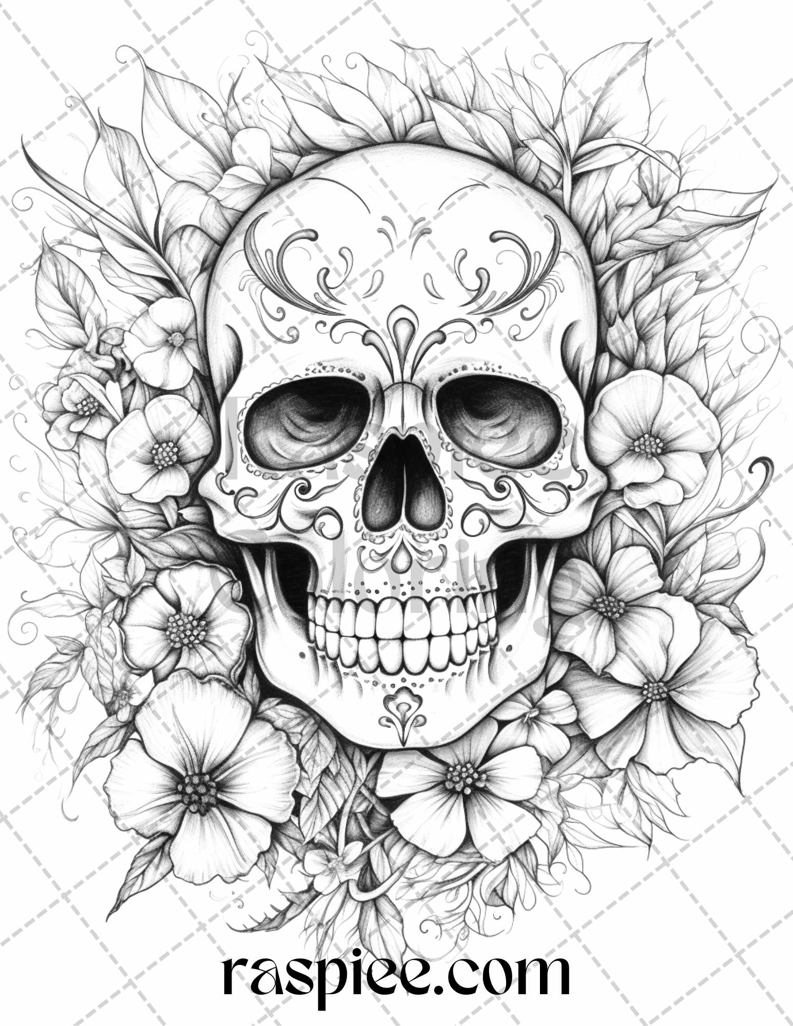 Floral skull grayscale coloring pages for adults stress relief col â coloring