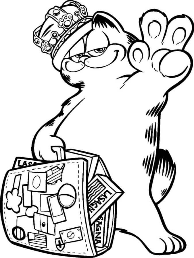 Garfield wearing a crown and suitcase coloring page