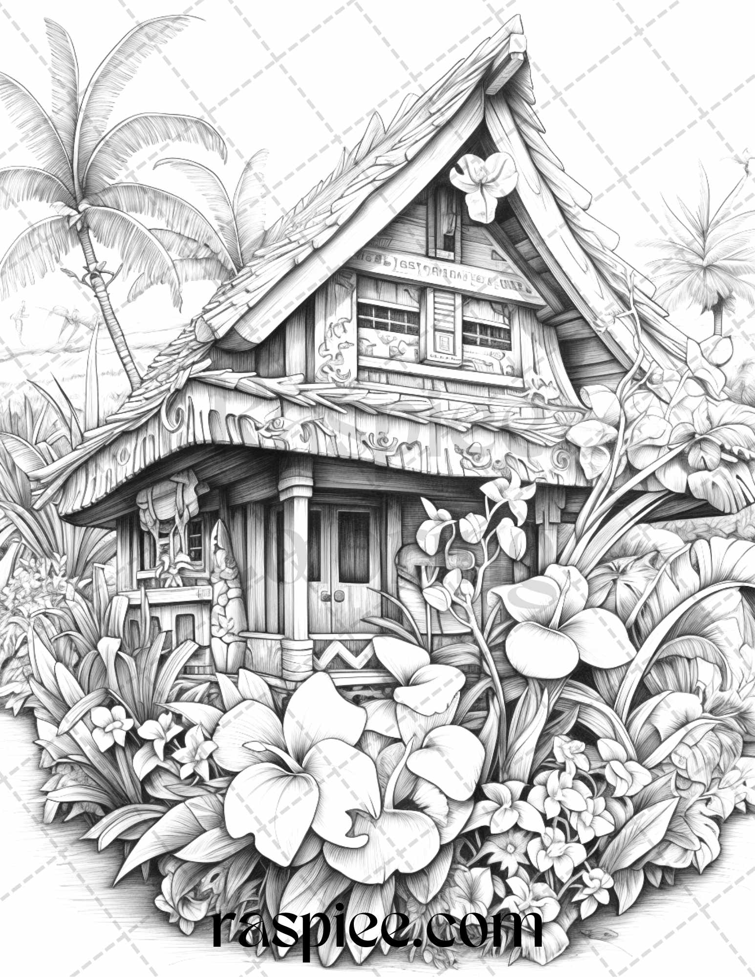 Hawaii tiki houses grayscale coloring pages printable for adults p â coloring