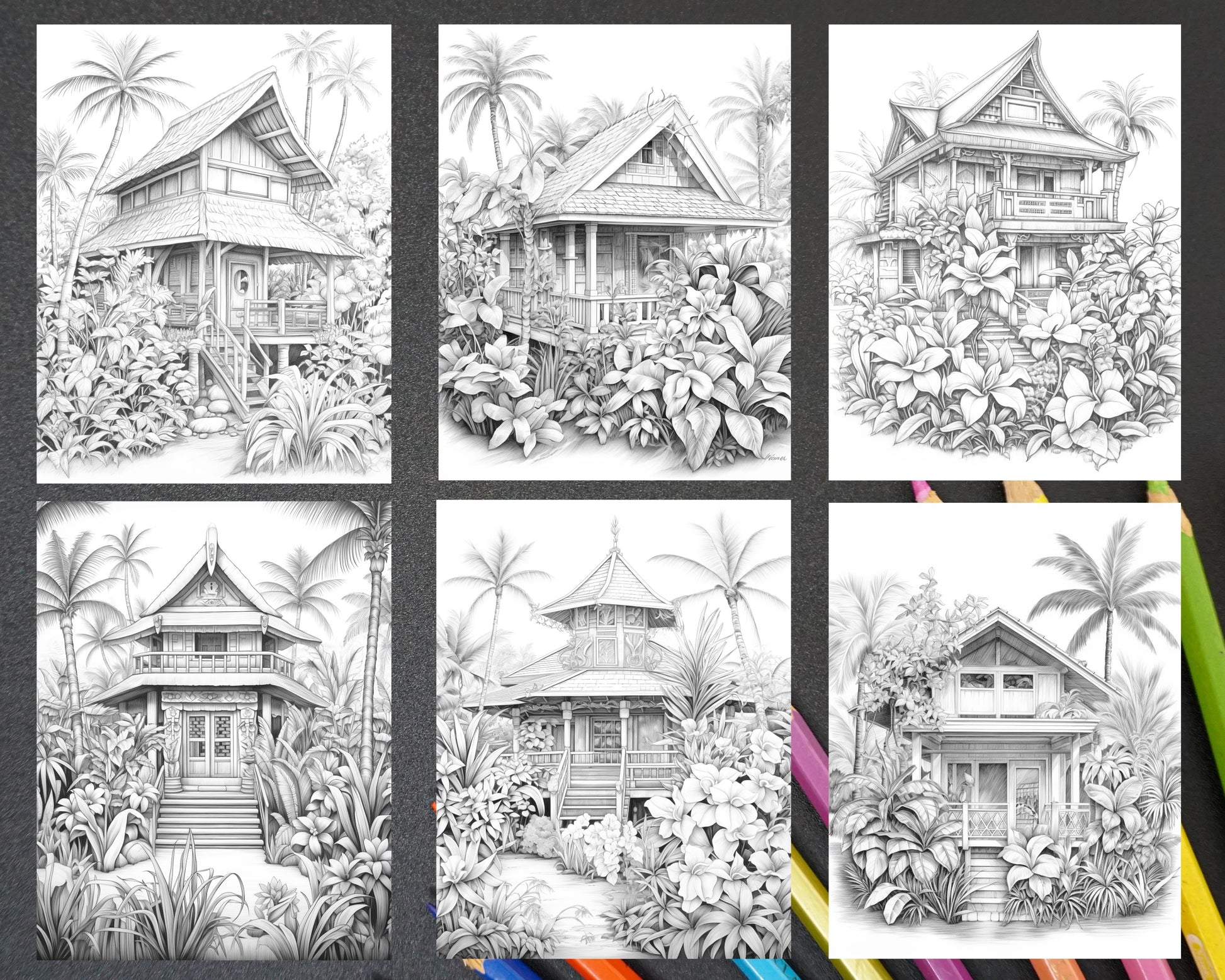 Hawaii tiki houses grayscale coloring pages printable for adults p â coloring