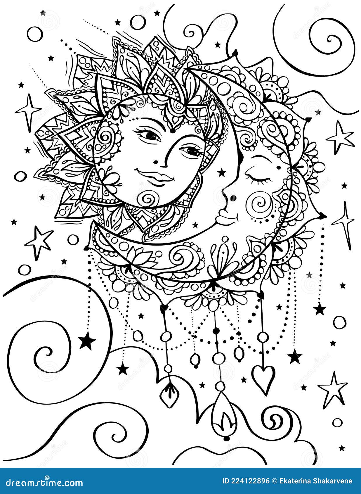 Sun and moon bohemian style adult coloring book page stock vector